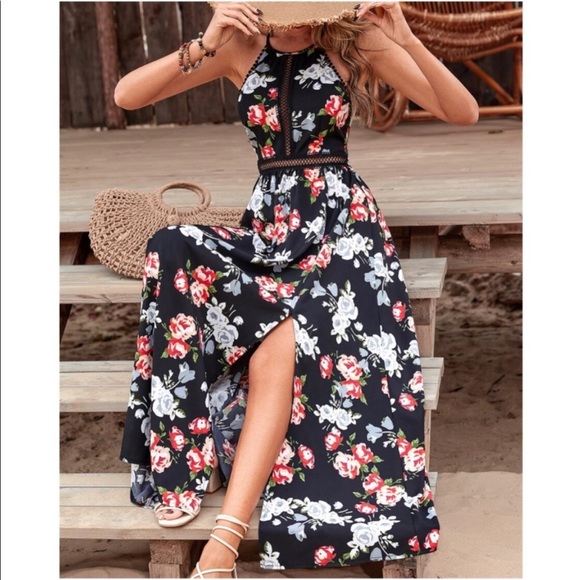 Dresses & Skirts - Boho Floral Print Criss Cross Crochet Maxi Dress
